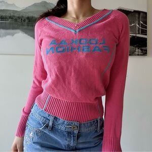 y2k pink blue vneck preppy soft girl pink aesthetic sweater